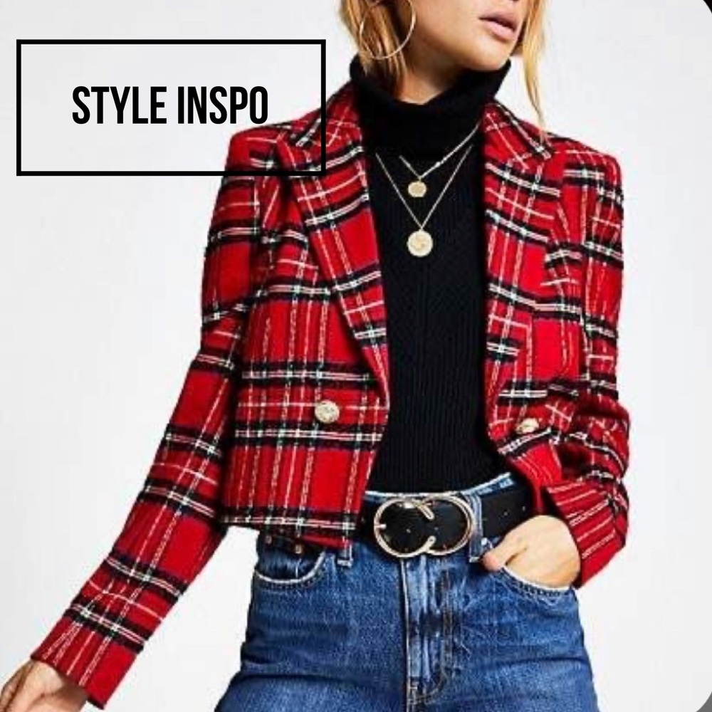 🎄Red Plaid Tartan Cropped Wool Jacket